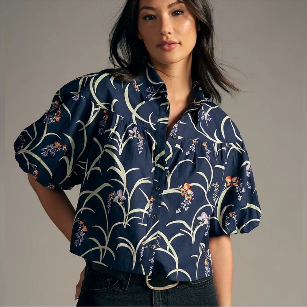 Anthropologie x Maeve Floral Puff Bubble Sleeve Cropped Blouse Cotton